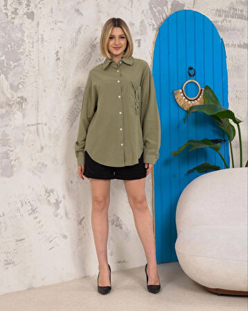 Relax fit keten gömlek haki s255349