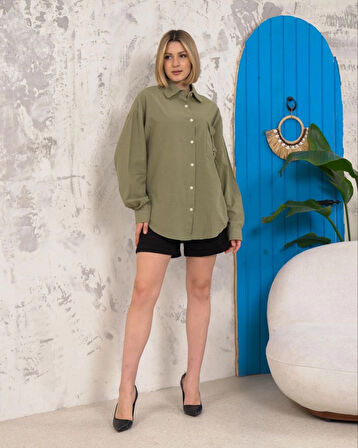 Relax fit keten gömlek haki s255349