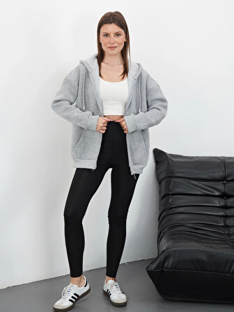 3 iplik şardonlu fermuarlı kapşonlu hırka gri