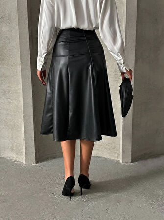 Komple parçalı deri etek siyah h26441