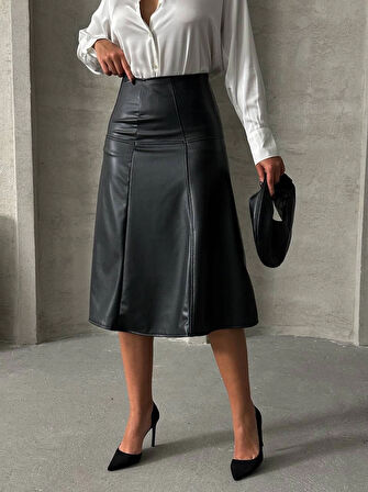Komple parçalı deri etek siyah h26441