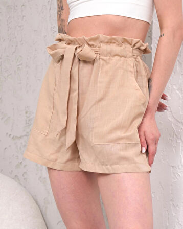 Kuşaklı keten şort bej s255265