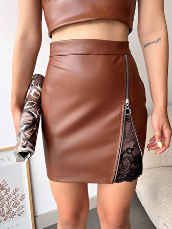 Dantelli fermuarlı deri etek kahve w24598