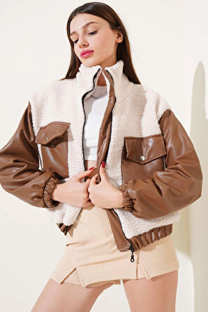 Deri garnili cepli peluş mont taba t1253