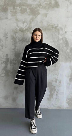 Çizgili ispanyol kol triko boğazlı kazak siyah elf