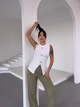 Kadın beyaz bisiklet yaka gold düğmeli ottoman bluz s2310