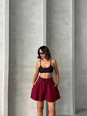 Volanlı keten şort bordo s255058