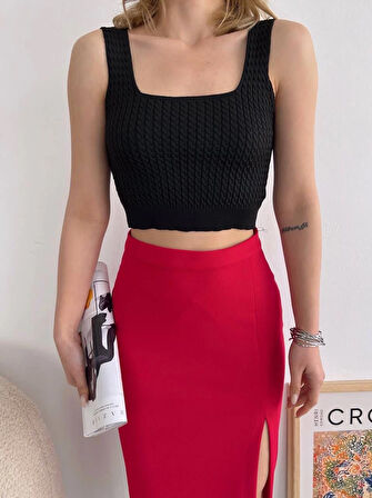 Yırtmaçlı esnek kumaş midi boy etek koyu kırmızı