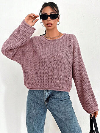 Salaş delik detaylı kazak pembe