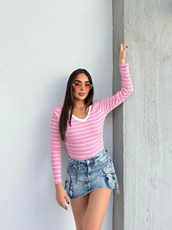 V yaka çizgili bluz pembe A3699