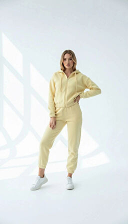 3 iplik şardonlu Kapşonlu fermuarlı kısa üst sarı pat8590