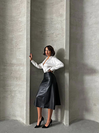 Komple parçalı deri etek siyah h26441