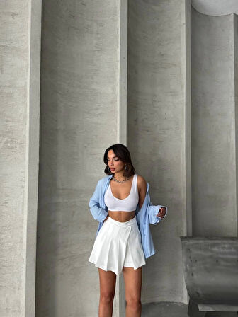 Piliseli düğmeli şort etek beyaz s25813