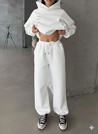 3 iplik şardonlu Lastik paça eşofman beyaz p510439