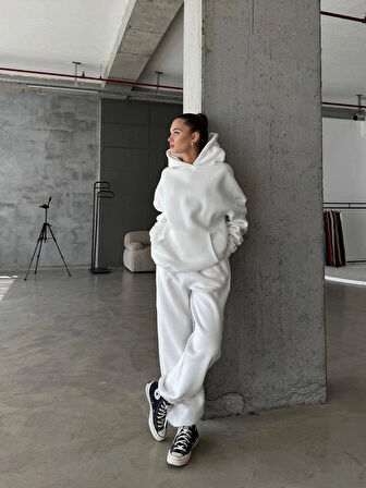 3 iplik şardonlu Lastik paça eşofman beyaz p510439