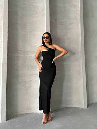 Krinkıl tek omuz uzun elbise siyah s25455