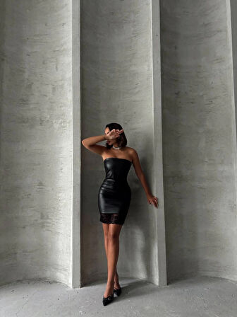 Altı dantelli straplez deri elbise siyah w240419