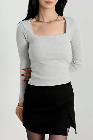 Çerçeve yaka kaşkorse bluz gri