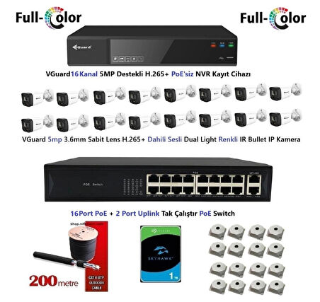 VGuard 5mp Dahili Sesli Ve Gece Renkli 16 Kameralı Tak Çalıştır Hazır IP Kamera Seti 1TB Disk