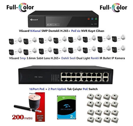 VGuard 5mp Dahili Sesli Ve Gece Renkli 16 Kameralı Tak Çalıştır Hazır IP Kamera Seti 2TB Disk