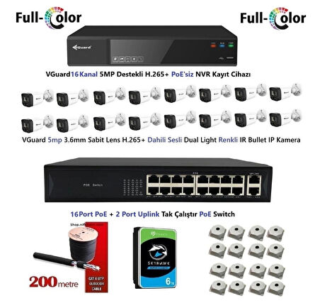 VGuard 5mp Dahili Sesli Ve Gece Renkli 16 Kameralı Tak Çalıştır Hazır IP Kamera Seti 6TB Disk