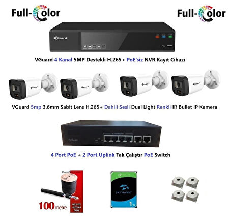 VGuard 5mp Dahili Sesli Ve Gece Renkli 4 Kameralı Tak Çalıştır Hazır IP Kamera Seti 1TB Disk