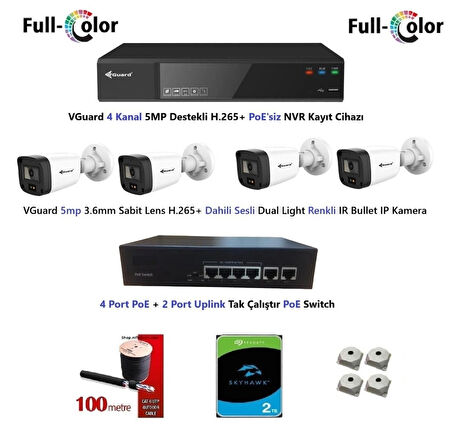 VGuard 5mp Dahili Sesli Ve Gece Renkli 4 Kameralı Tak Çalıştır Hazır IP Kamera Seti 2TB Disk