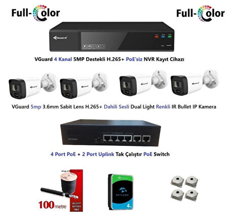 VGuard 5mp Dahili Sesli Ve Gece Renkli 4 Kameralı Tak Çalıştır Hazır IP Kamera Seti 4TB Disk