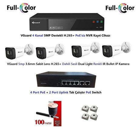 VGuard 5mp Dahili Sesli Ve Gece Renkli 4 Kameralı Tak Çalıştır Hazır IP Kamera Seti Disk Yoktur