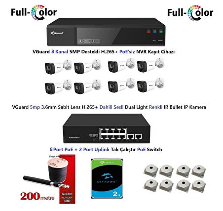 VGuard 5mp Dahili Sesli Ve Gece Renkli 8 Kameralı Tak Çalıştır Hazır IP Kamera Seti 2TB Disk