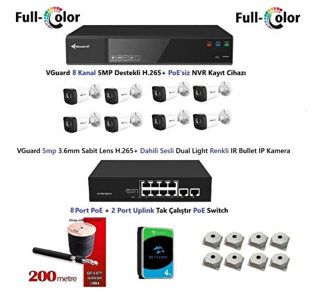 VGuard 5mp Dahili Sesli Ve Gece Renkli 8 Kameralı Tak Çalıştır Hazır IP Kamera Seti 4TB Disk