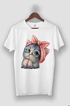 Unisex Lila Sevimli Minik Kedi Baskılı Oversize T-shirt