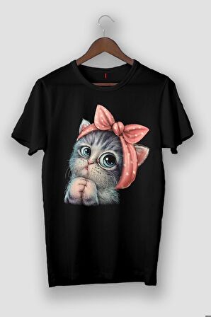 Unisex Lila Sevimli Minik Kedi Baskılı Oversize T-shirt