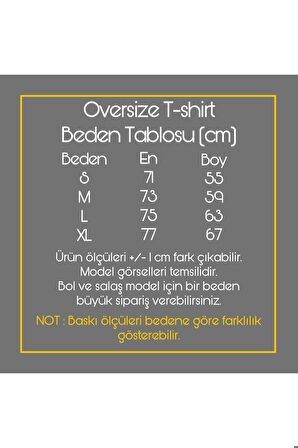 Unisex Lila Sevimli Minik Kedi Baskılı Oversize T-shirt