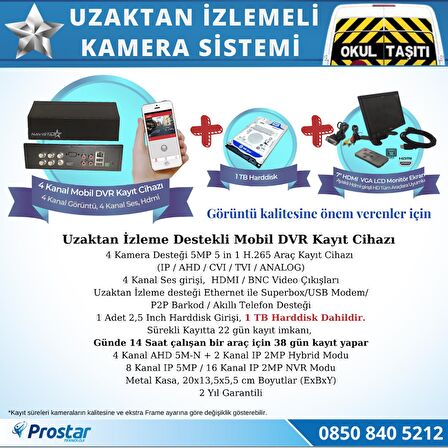 Okul Servis Kamera Sistemi Seti Uzaktan izlemeli 4 Kameralı 7" Hdmi Monitör 1 TB Harddisk dahil