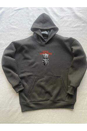 Vision Baskılı Siyah Erkek Kapüşonlu 3 iplik Şardonlu Ribanalı Sweatshirt Hoodie