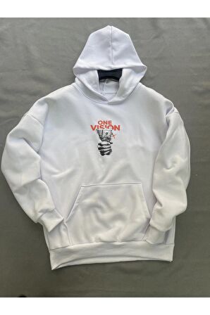 Vision Baskılı Beyaz Erkek Kapüşonlu 3 iplik Şardonlu Ribanalı Sweatshirt Hoodie