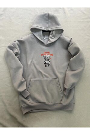 Vision Baskılı Gri Erkek Kapüşonlu 3 iplik Şardonlu Ribanalı Sweatshirt Hoodie
