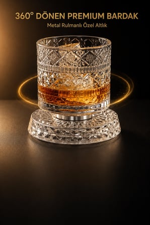 Hili 360° Dönen Metal Rulmanlı Premium Cam Bardak ve Özel Altlık 270 ml Kokteyl Viski Bardağı