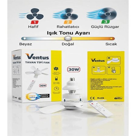 Sessiz Çalışma 6 Kanat ve Işıklı Uzaktan Kumandalı Tavan Tipi Vantilatör-Tavan Fanı 40W