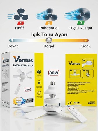 Sessiz Çalışma 6 Kanat ve Işıklı Uzaktan Kumandalı Tavan Tipi Vantilatör-Tavan Fanı 40W