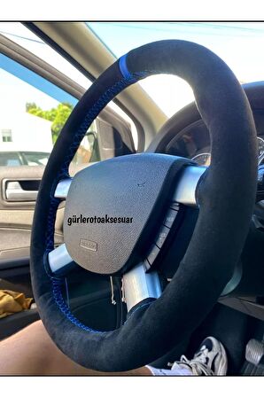 Ford Connect Uyumlu Dikmeli Direksiyon Kılıfı Alkantra Mavi Yüzüklü