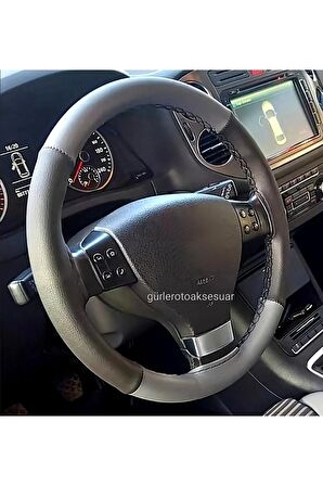 Vw Passat B7 Uyumlu Deri Dikmeli Direksiyon Kılıfı Gri-Siyah 4 Parçalı A Plus