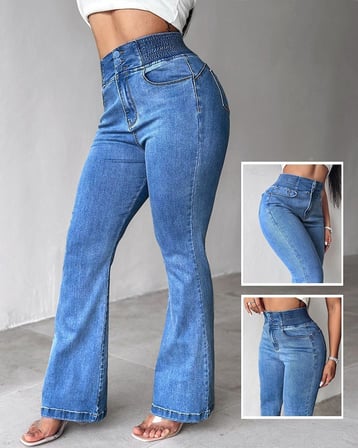 Kadın Yüksek Bel Yanları Lastik önü Düğmeli Kot Pantolon