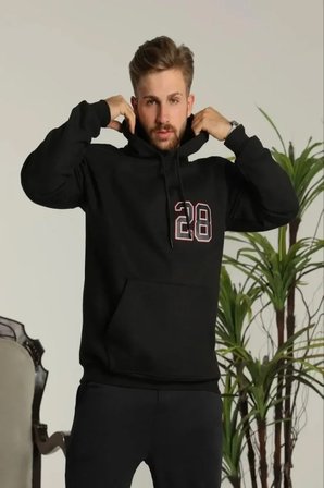 Erkek Oversize Üç İplik Kapüşonlu Sweatshirt –Sırt Ve Ön Baskılı, Kanguru Cepli, Rahat Kalıp Maskot Desenli Model - Siyah