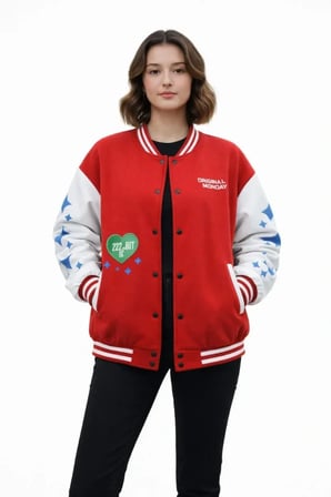 Kırmızı Varsity Çıtçıtlı Baskılı Oversize Kalıp Kolej Ceket - Kırmızı