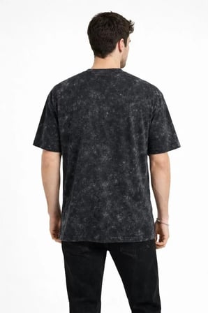 Erkek Asit Yıkama Bisiklet Yaka Kısa Kollu Oversize T-Shirt Tişört - Siyah