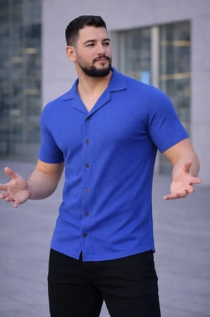 Erkek Waffle Kumaş Kısa Kollu Düğmeli Açık Yaka Regular Fit Gömlek - Saks Mavisi