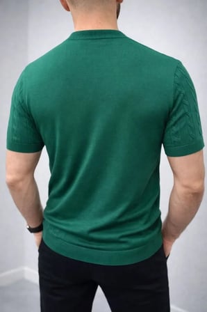 Erkek Yazlık Triko Dokuma Tişört Kısa Kol Bisiklet Yaka Örgü Desenli T-Shirt - Haki