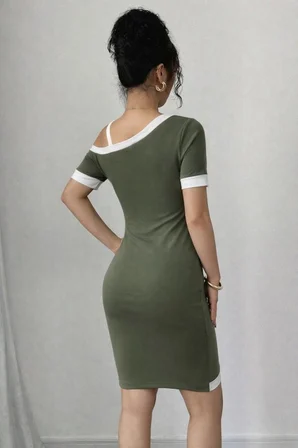 Kadın Kısa Kollu Asimetrik Kesim Yaka şerit Ve Aksesuar Detaylı Modal Elbise